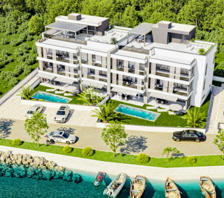 Zaton, 1 fila dal mare, nuova costruzione di lusso, piano terra A1, 223,59, giardino, piscina