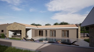 Una casa a un piano dal design moderno con piscina e servizi ausiliari