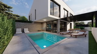 Malinska, centro, nuova costruzione, villa bifamiliare con piscina, vista mare, giardino, vendita