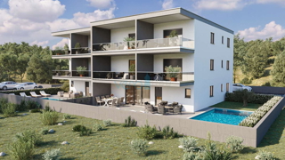 Istra, Novigrad, appartamento 92 m2, 1° piano, nuova costruzione, 2 terrazze, vista mare, vendita