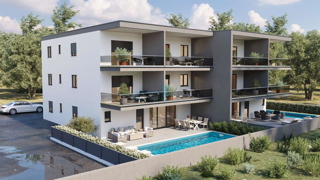 Istra, Novigrad, appartamento di lusso 124 m2, piano terra, nuova costruzione, piscina, giardino, vendita