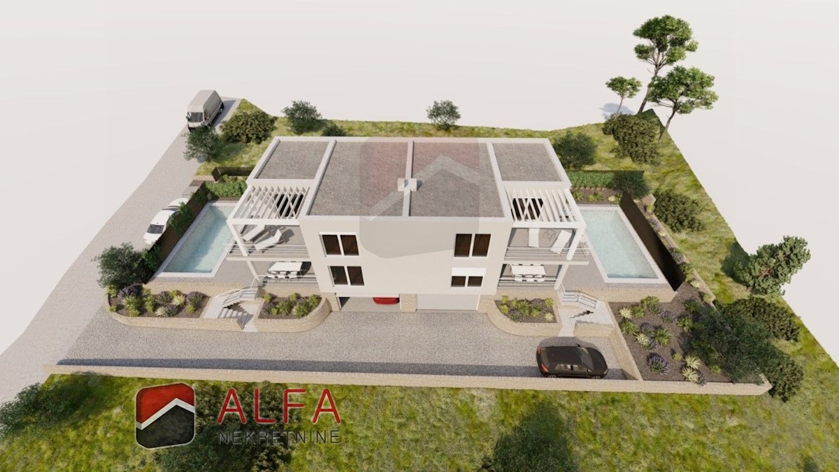 Croazia, Vodice – Nuova casa bifamiliare in vendita con garage, piscina e vista mare