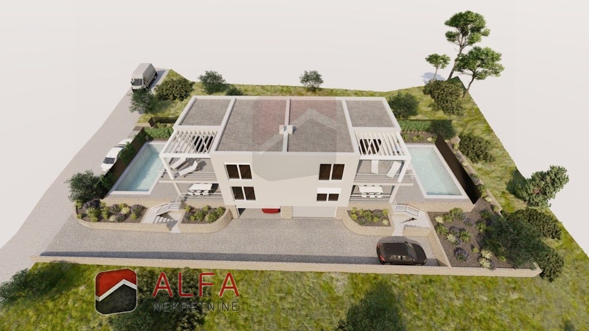 Croazia, Vodice – Nuova casa bifamiliare in vendita con garage, piscina e vista mare