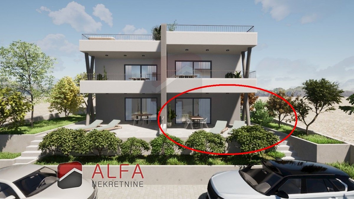 Vodice, nuova costruzione, appartamento con due camere da letto in vendita, piano terra, giardino