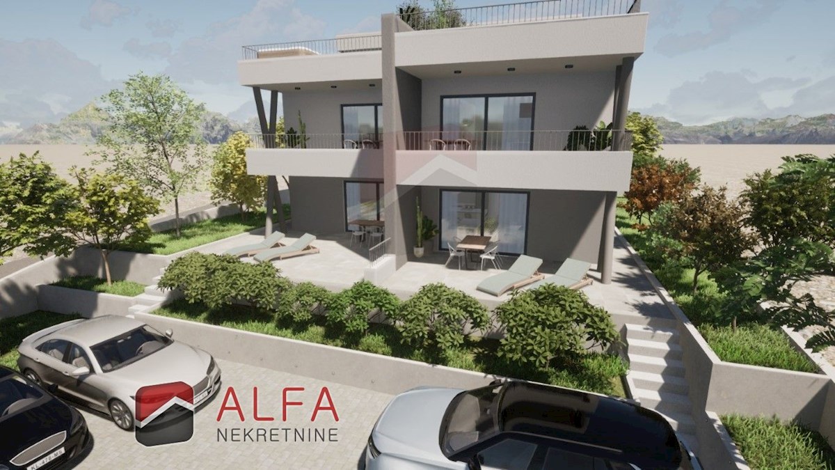 Vodice, nuova costruzione, appartamento con due camere da letto in vendita, piano terra, giardino