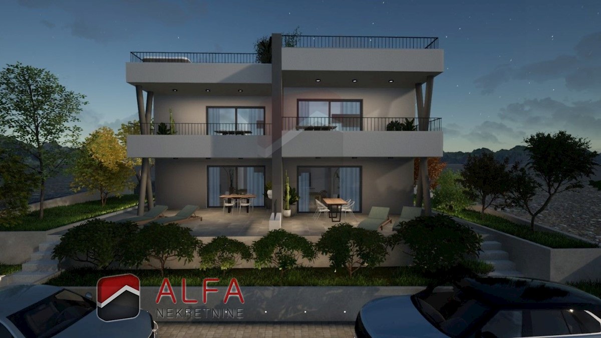 Vodice, nuova costruzione, appartamento con due camere da letto in vendita, piano terra, giardino