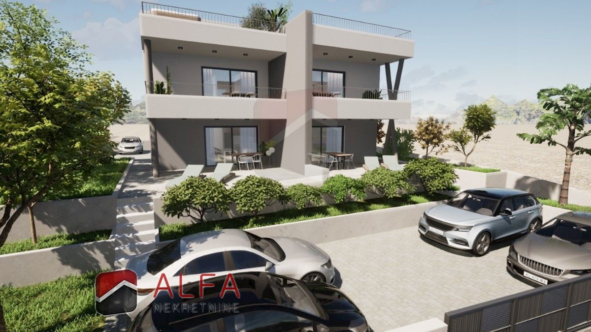 Vodice, nuova costruzione, appartamento con due camere da letto in vendita, piano terra, giardino