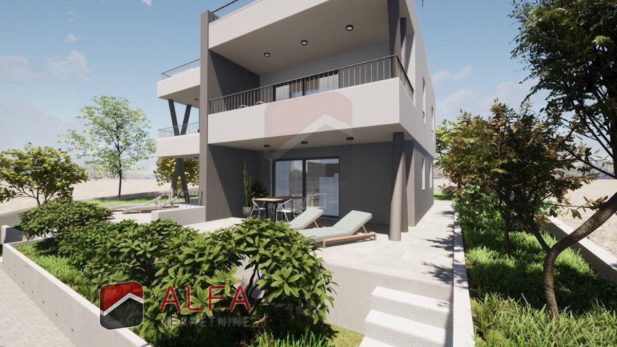 Vodice, nuova costruzione, appartamento con due camere da letto in vendita, piano terra, giardino
