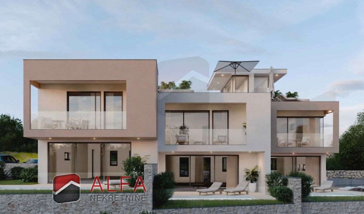 Croazia, Vodice – nuova costruzione, appartamento su tre livelli in vendita, piscina, giardino, vista mare