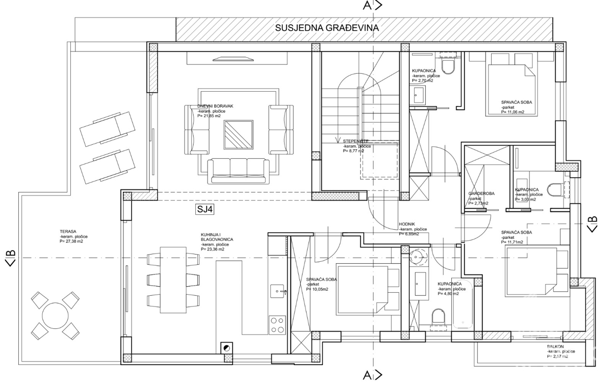 Brodarica, ampio attico, 156,65 m2, 70 m dal mare