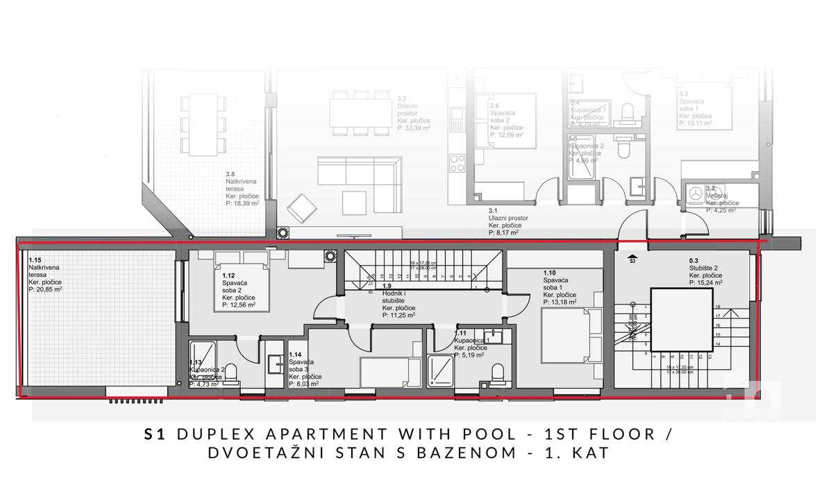 Vodice, moderno appartamento su due livelli con piscina e giardino