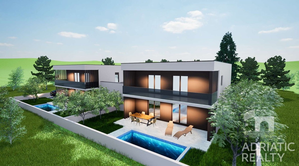 Vodice, nuova costruzione, moderna casa bifamiliare con garage e piscina