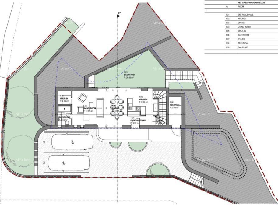 Terreno edificabile con rudere in vendita a Labin, con vista mare e progetto incluso.