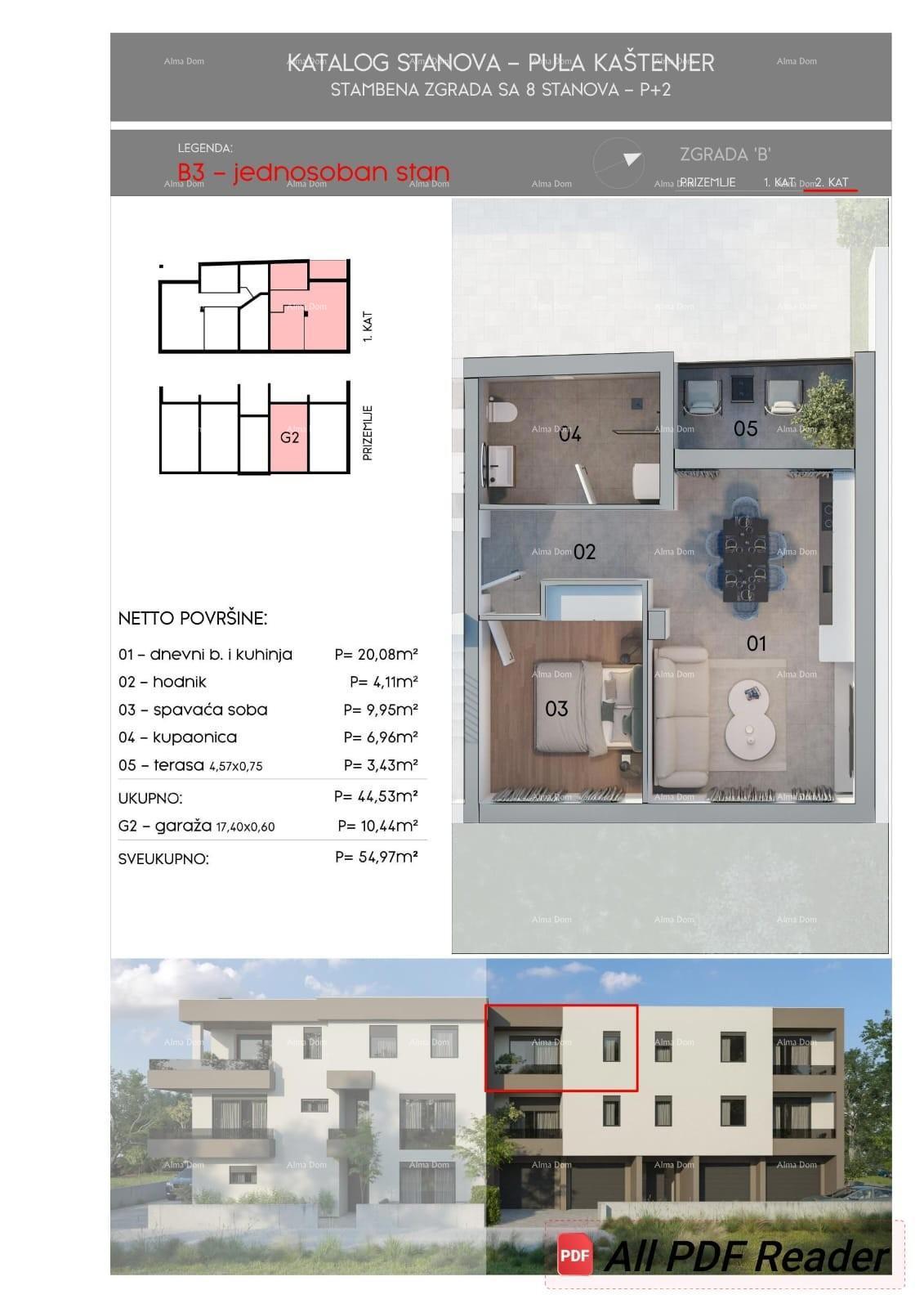 The translation of the title to Italian is: "Stan 55 m2 a Pula, solo 600 metri".