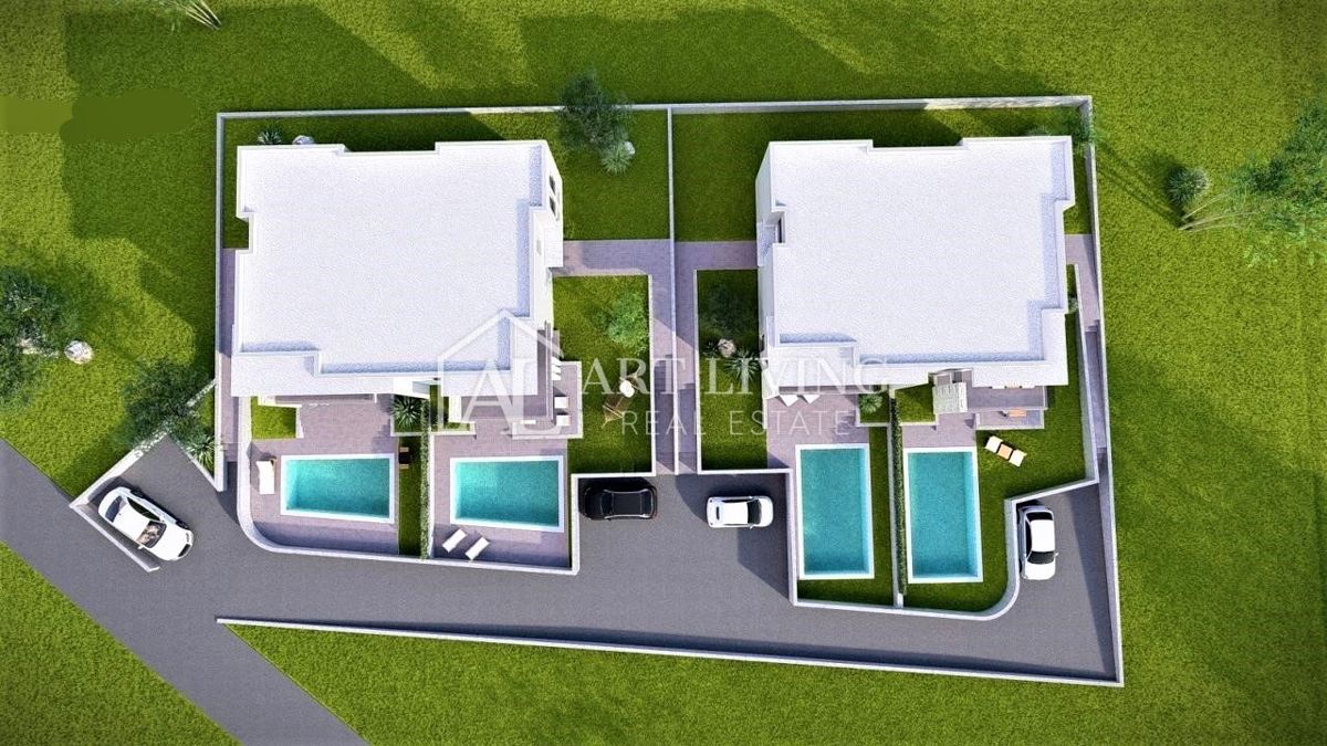 Istria, Umago, dintorni – moderna villa bifamiliare con piscina, a 1,3 km dal mare
