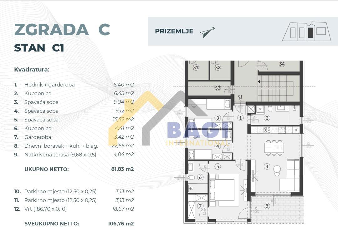 Fažana-Appartamento C1-81,83m2-Giardino-186,70m2-Due posti auto