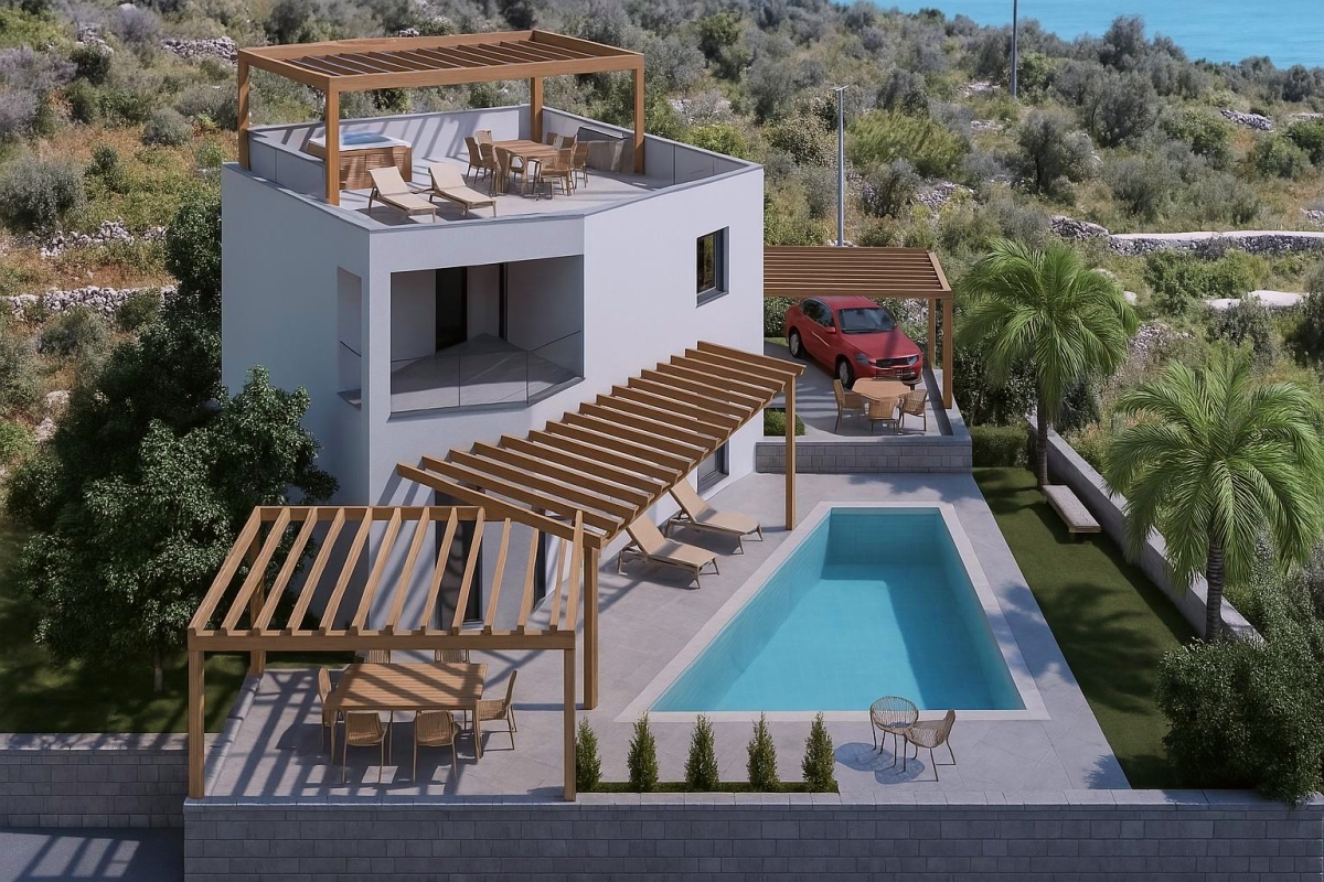 Una villa moderna in costruzione con vista mare