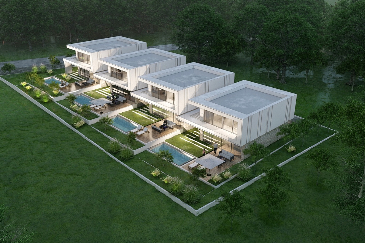 Nuovo edificio moderno con piscina e vista mare