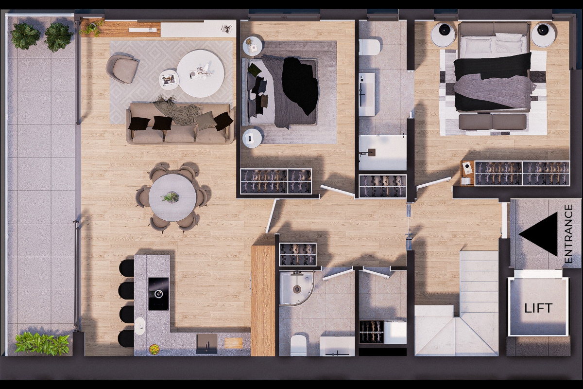 Ampio attico con due camere da letto in prima fila sul mare