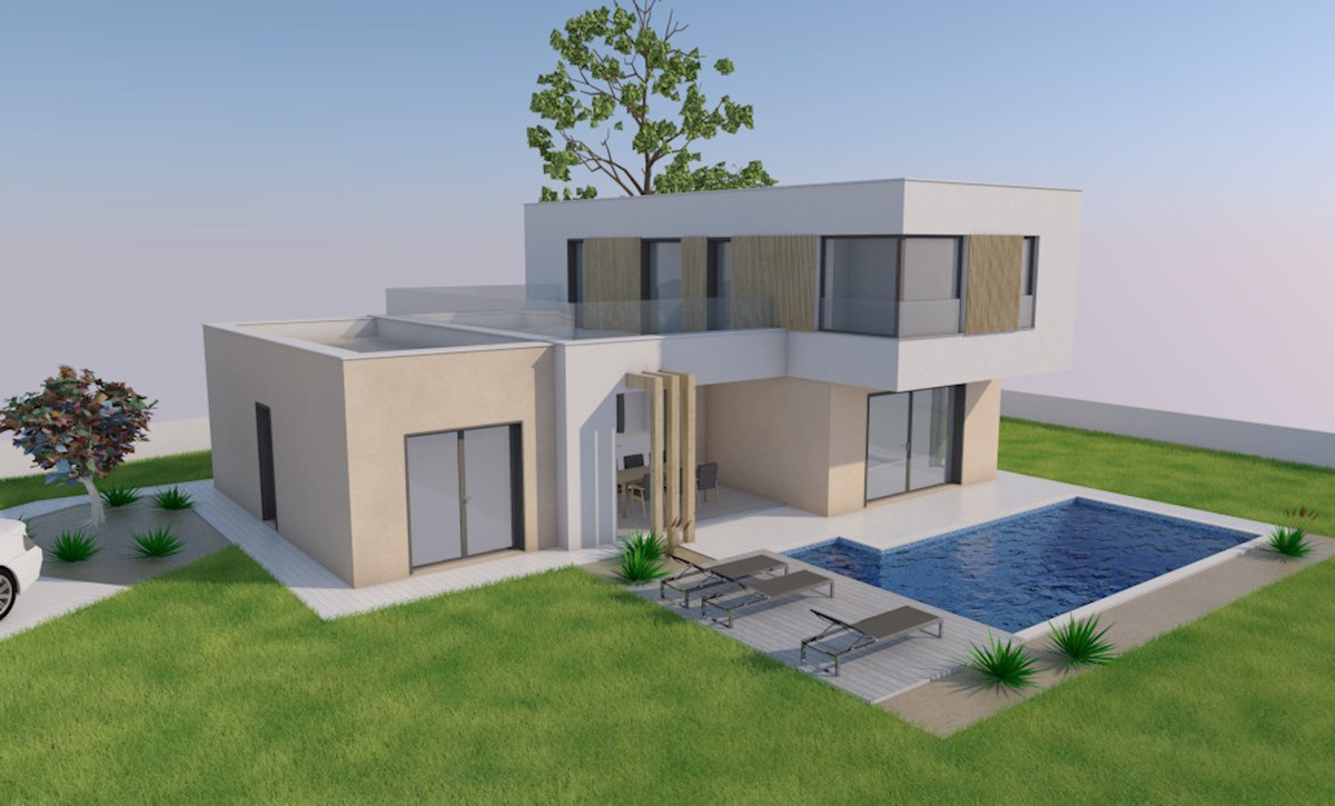 Parenzo – dintorni, terreno edificabile con permesso e progetto per una casa moderna con piscina