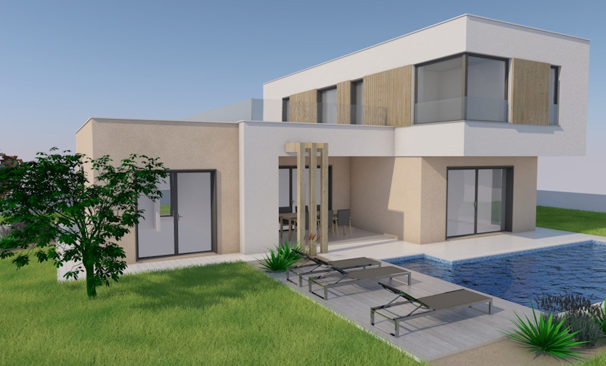 Parenzo – dintorni, terreno edificabile con permesso e progetto per una casa moderna con piscina