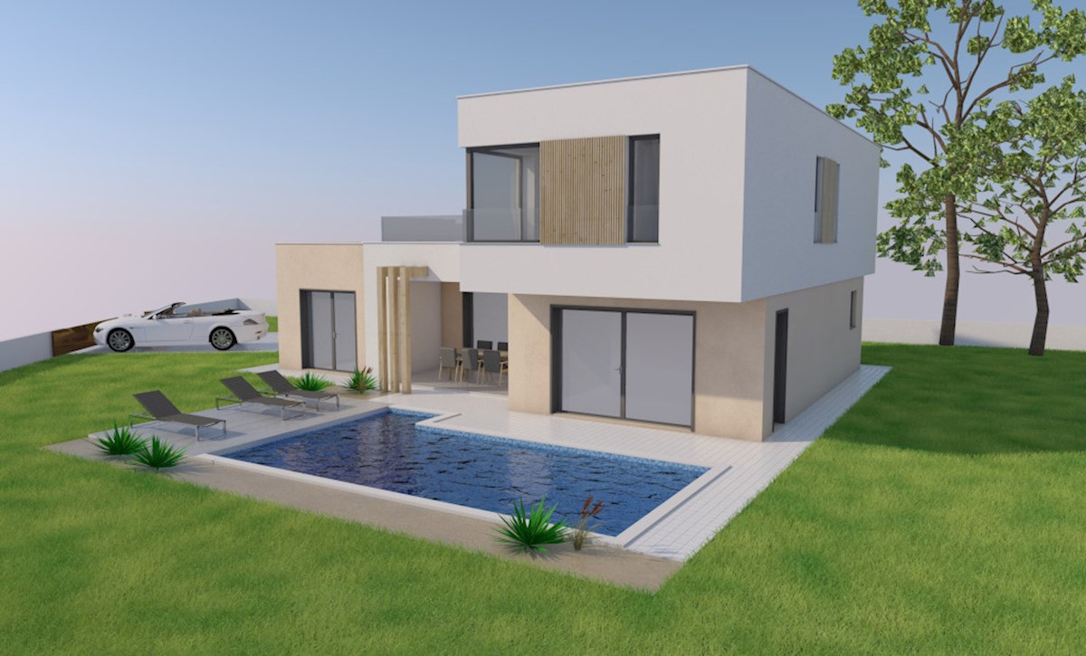 Parenzo – dintorni, terreno edificabile con permesso e progetto per una casa moderna con piscina