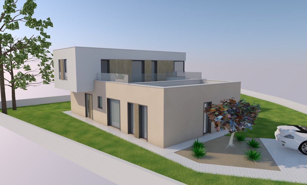 Parenzo – dintorni, terreno edificabile con permesso e progetto per una casa moderna con piscina