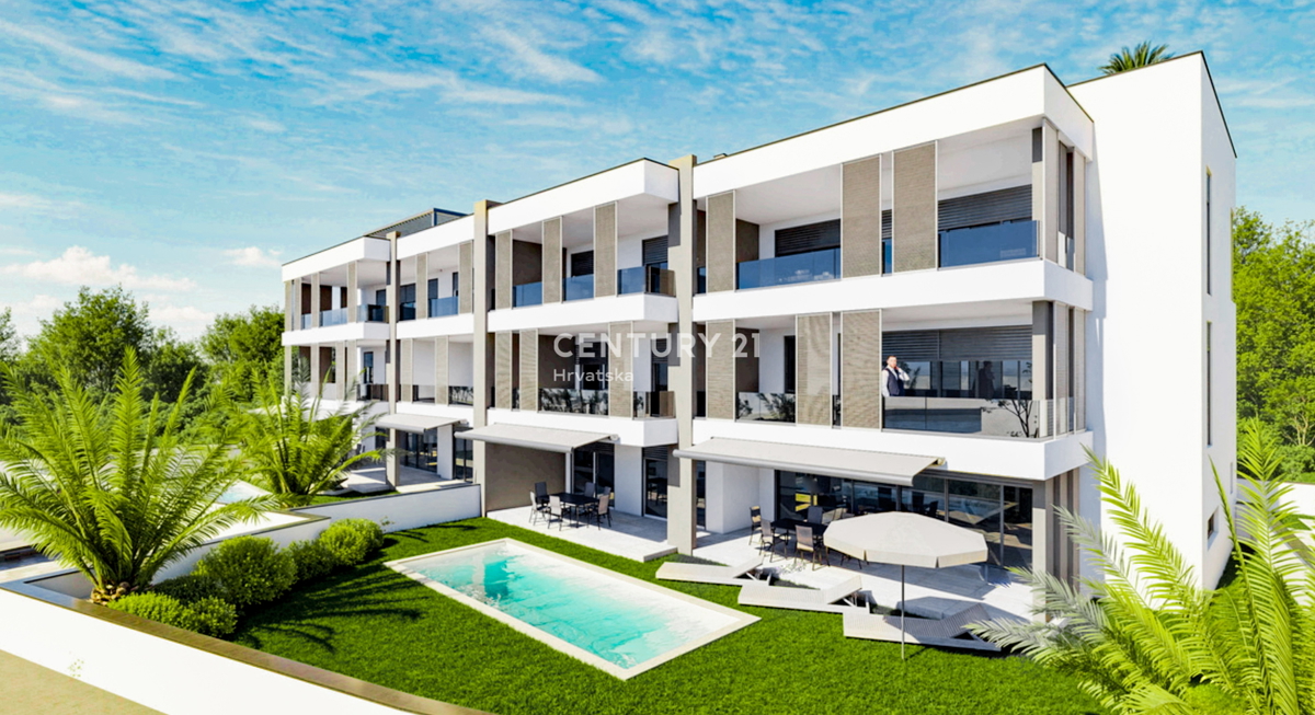 Zaton, 1 fila dal mare, nuova costruzione di lusso, piano terra A1, 223,59, giardino, piscina