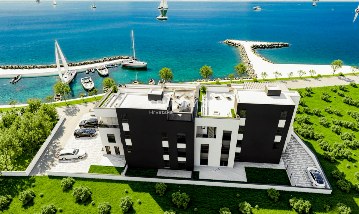 Zaton, 1 fila dal mare, nuova costruzione di lusso, piano terra A1, 223,59, giardino, piscina