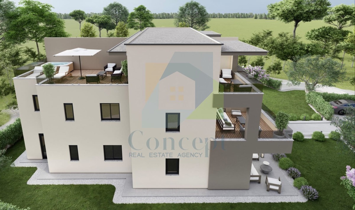 Poreč, dintorni, Lussuoso appartamento su due piani con vista mare, a 3 km dal mare.