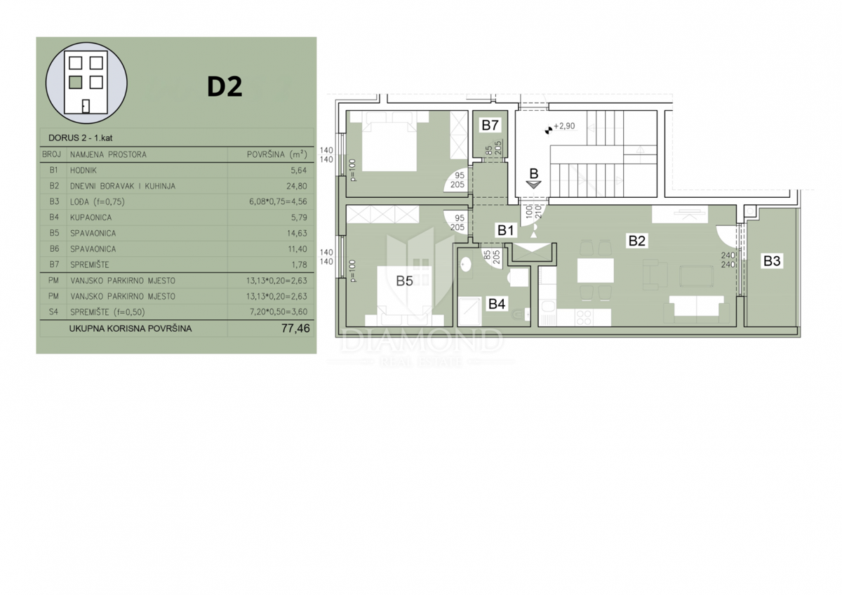 Pola: confortevole appartamento con 2 camere da letto e 2 posti auto.