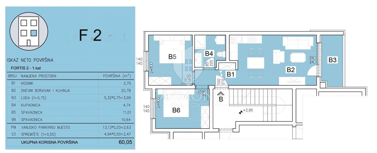 Nuovo edificio a Pola: 2 camere da letto, loggia, parcheggio, ripostiglio.