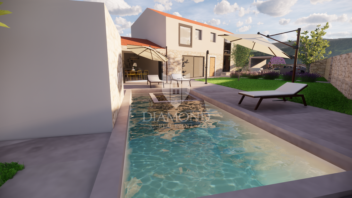 Albona, dintorni, nuova costruzione in pietra dall'aspetto moderno