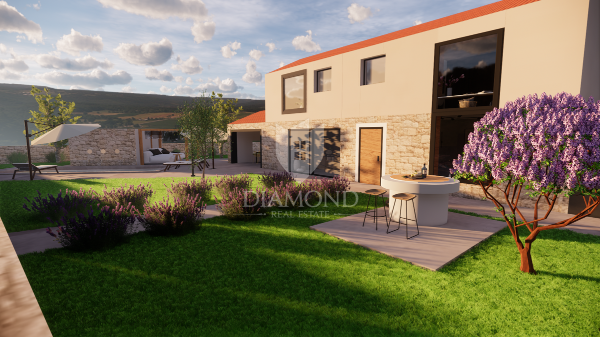 Albona, dintorni, nuova costruzione in pietra dall'aspetto moderno