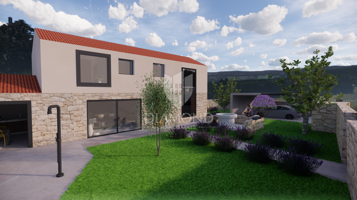 Albona, dintorni, nuova costruzione in pietra dall'aspetto moderno