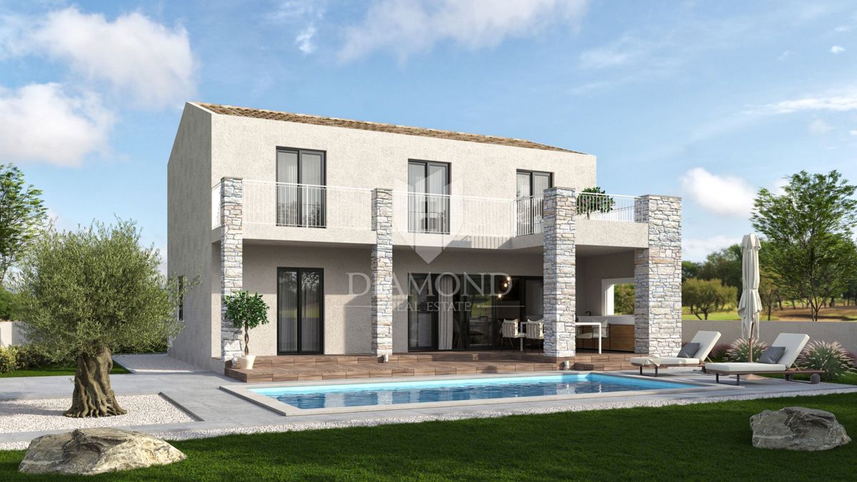 Poreč, dintorni, fantastica villa con piscina, vista mare, fase grezza