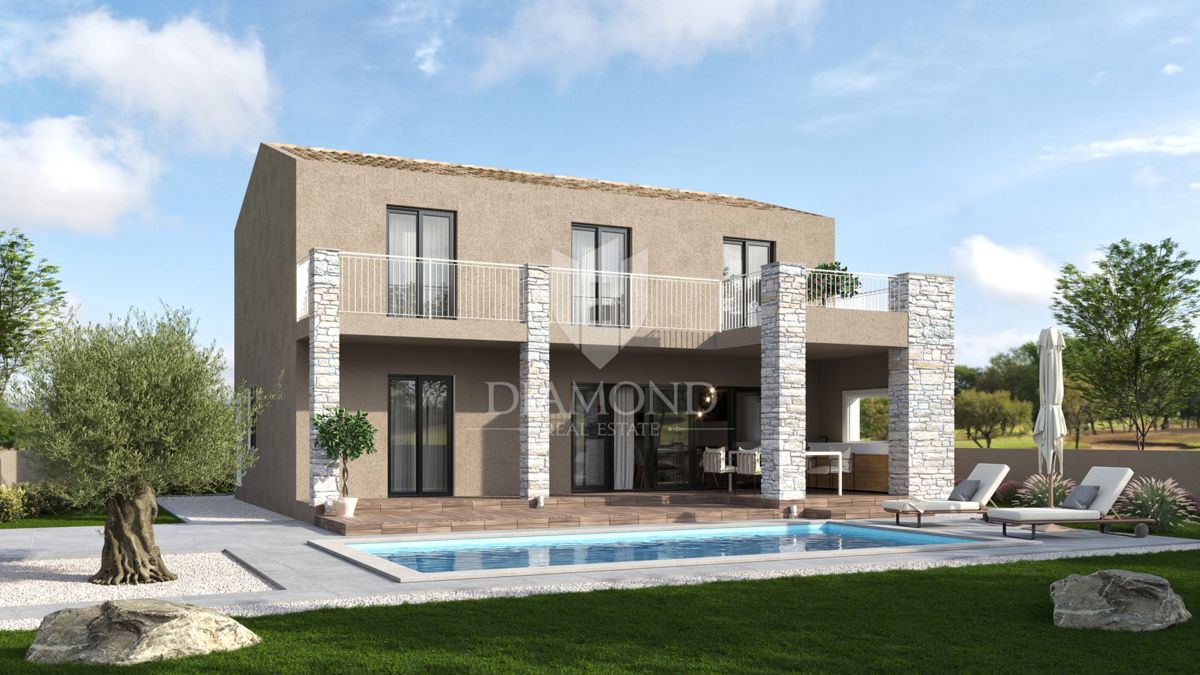 Poreč, dintorni, fantastica villa con piscina, vista mare, fase grezza