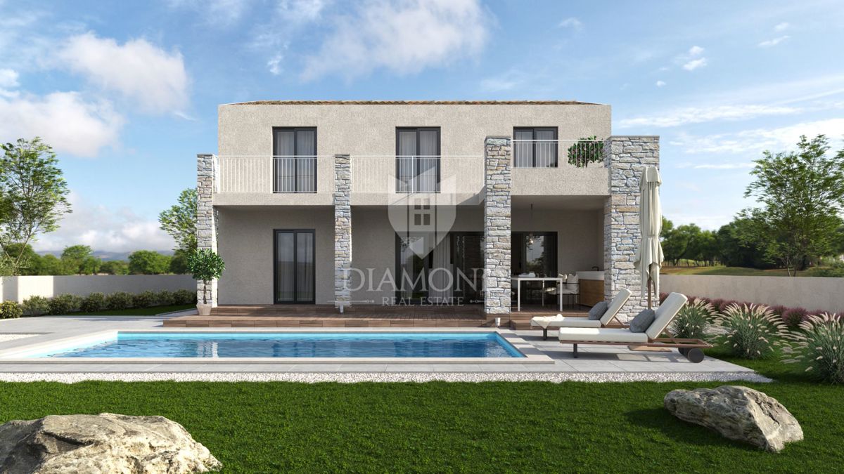 Poreč, dintorni, fantastica villa con piscina, vista mare, fase grezza