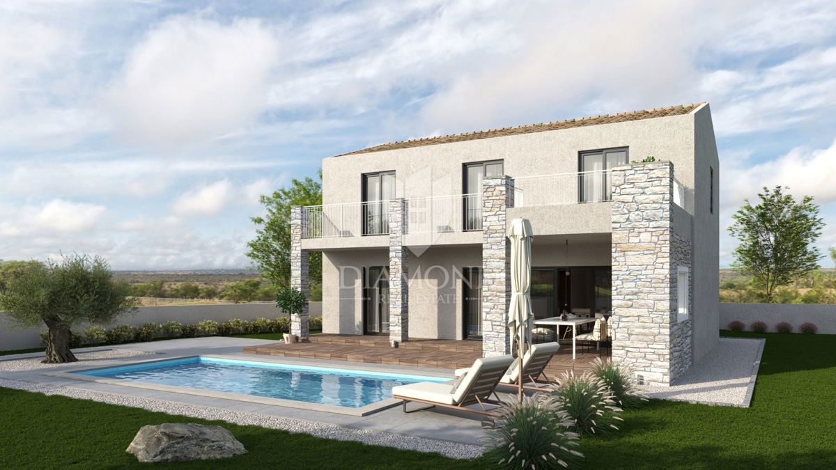 Poreč, dintorni, fantastica villa con piscina, vista mare, fase grezza