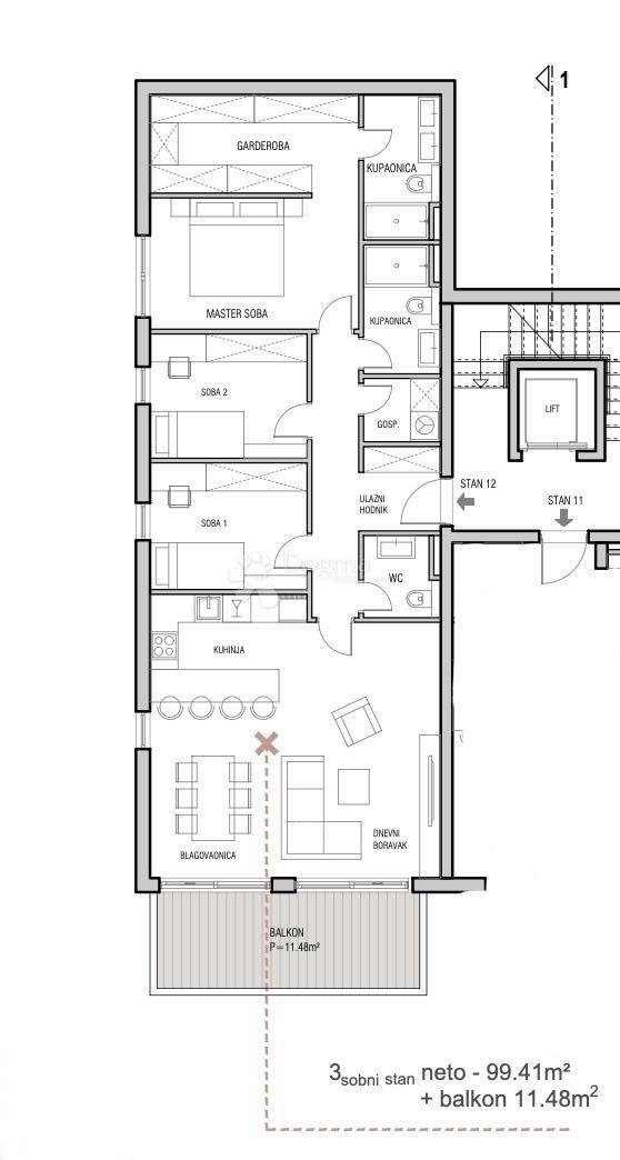 S12 – Appartamento trilocale di 99,41 m² con balcone di 11,48 m² al secondo piano e vista panoramica
