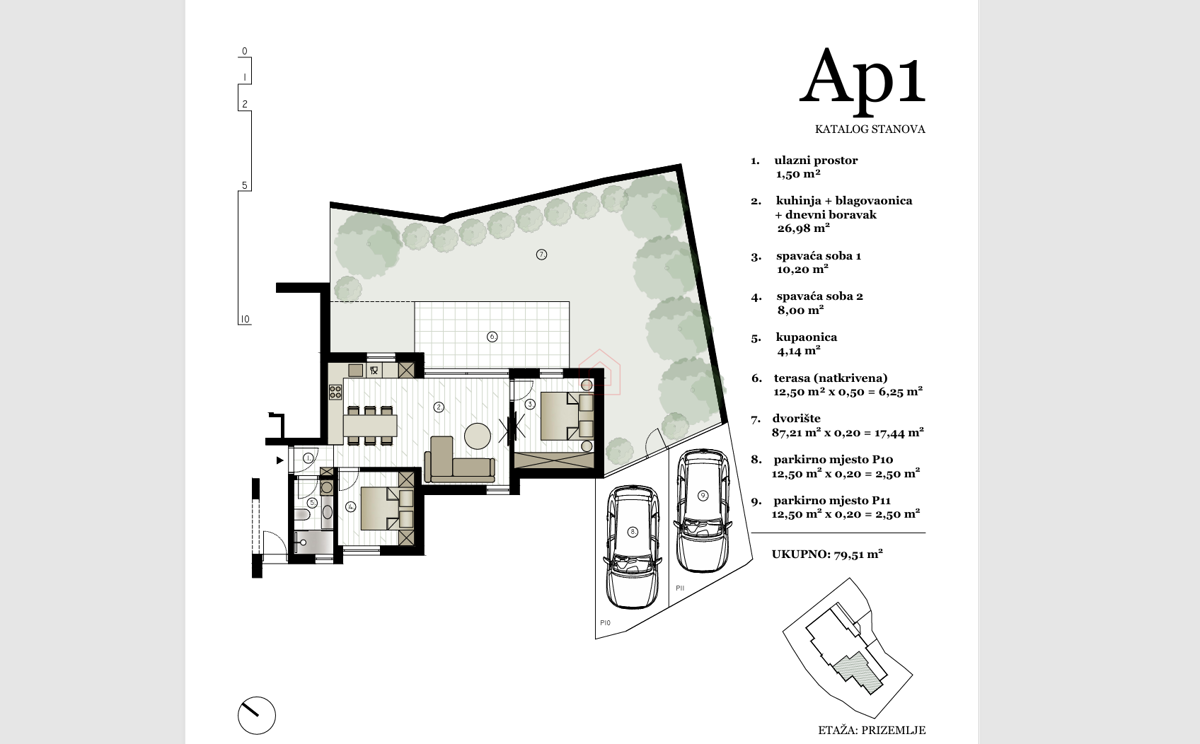 Appartamento al piano terra di un edificio con due camere da letto e due posti auto.