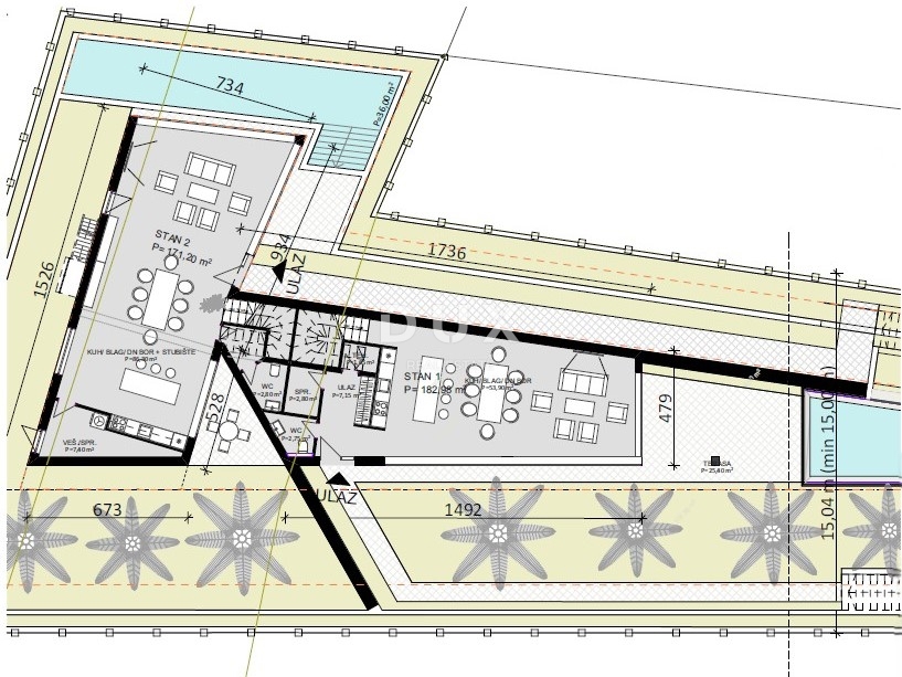 RIJEKA, KOSTRENA - terreno con progetto, seconda fila al mare, per ville bifamiliari con piscina