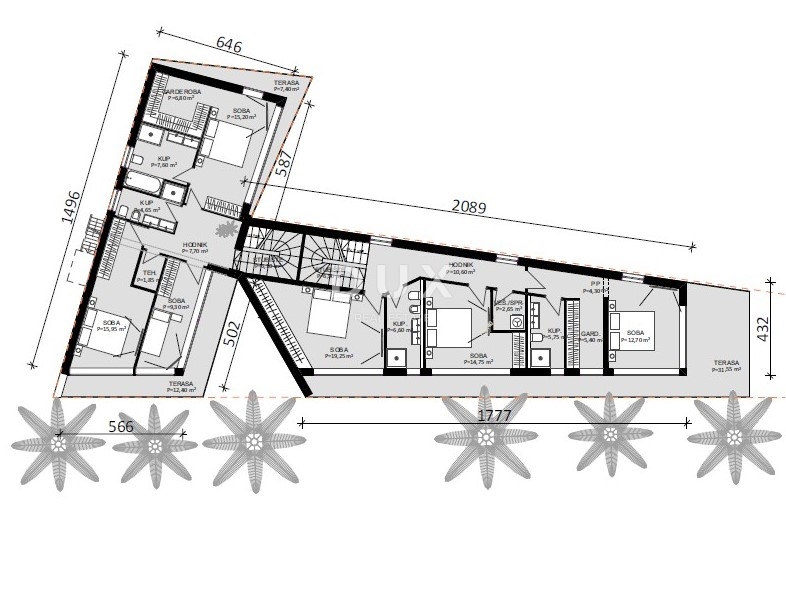 RIJEKA, KOSTRENA - terreno con progetto, seconda fila al mare, per ville bifamiliari con piscina