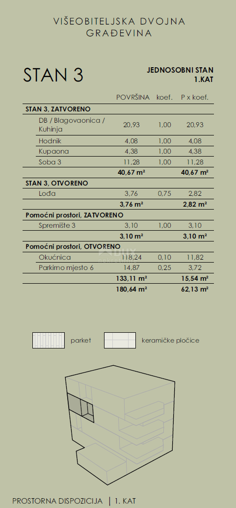 COSTABELLA, BIVIO, KANTRIDA - esclusivo appartamento 43,44 mq, 1° piano, 100 m dal mare, bella vista + giardino 118 mq - APPARTAMENTO 3