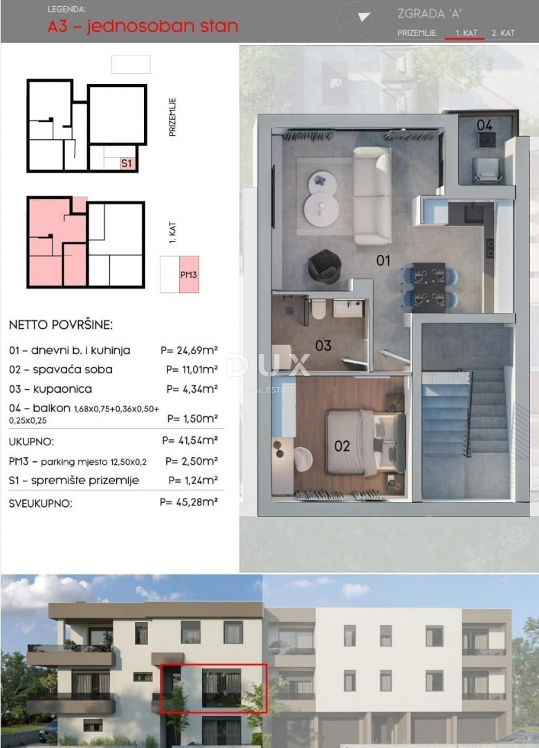 ISTRIA, POLA - Appartamento con 1 camera da letto e 1 bagno in un piccolo edificio di nuova costruzione con parcheggio privato e ripostiglio