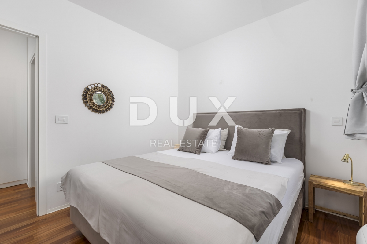 OPATIJA, IČIĆI - appartamento 79m2 con giardino in un edificio nuovo con piscina sul tetto, vista mare, parcheggio