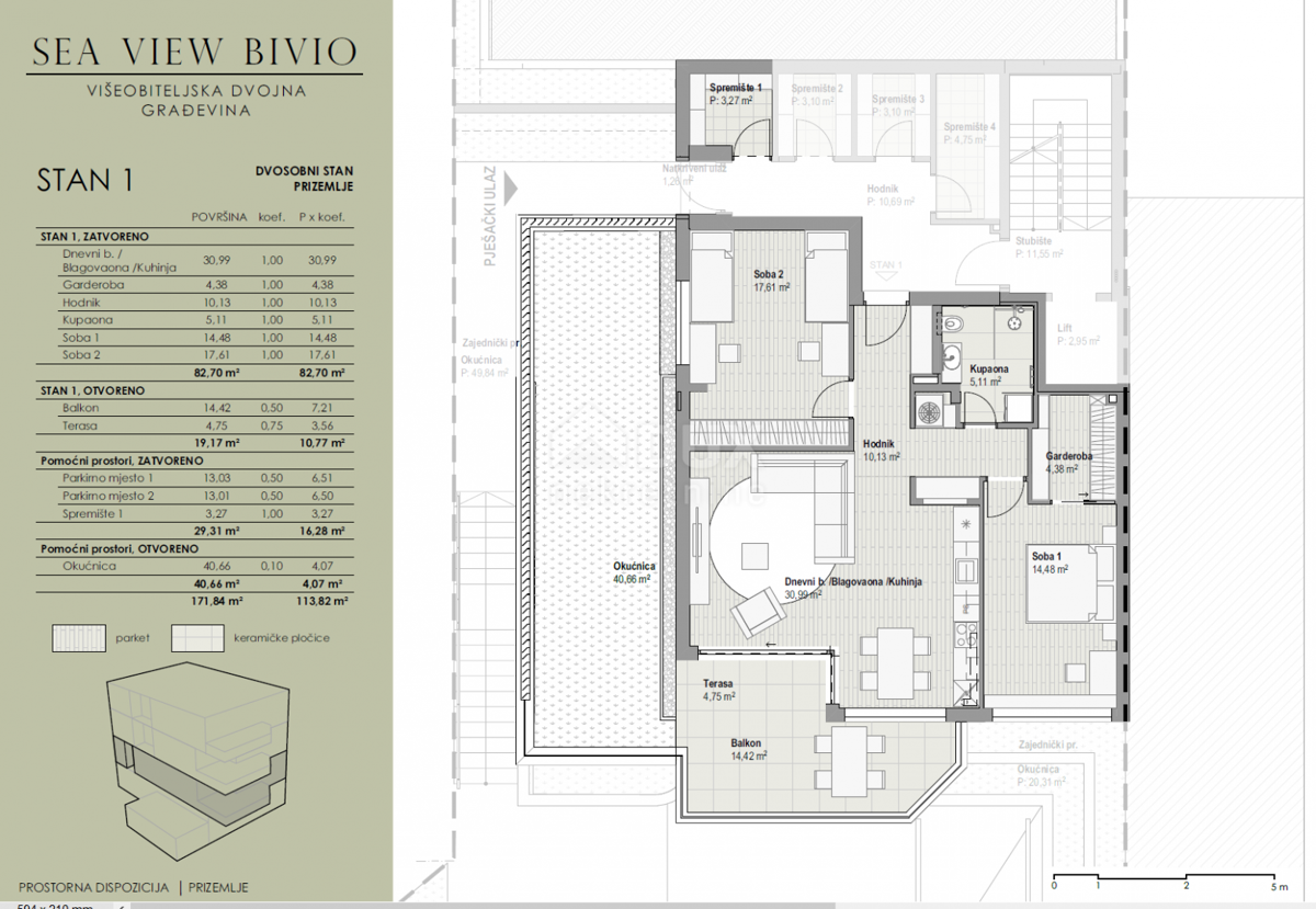 COSTABELLA, BIVIO, KANTRIDA - esclusivo appartamento 101,87 mq piano terra, 100m dal mare, bella vista + giardino 40 mq - APPARTAMENTO 1