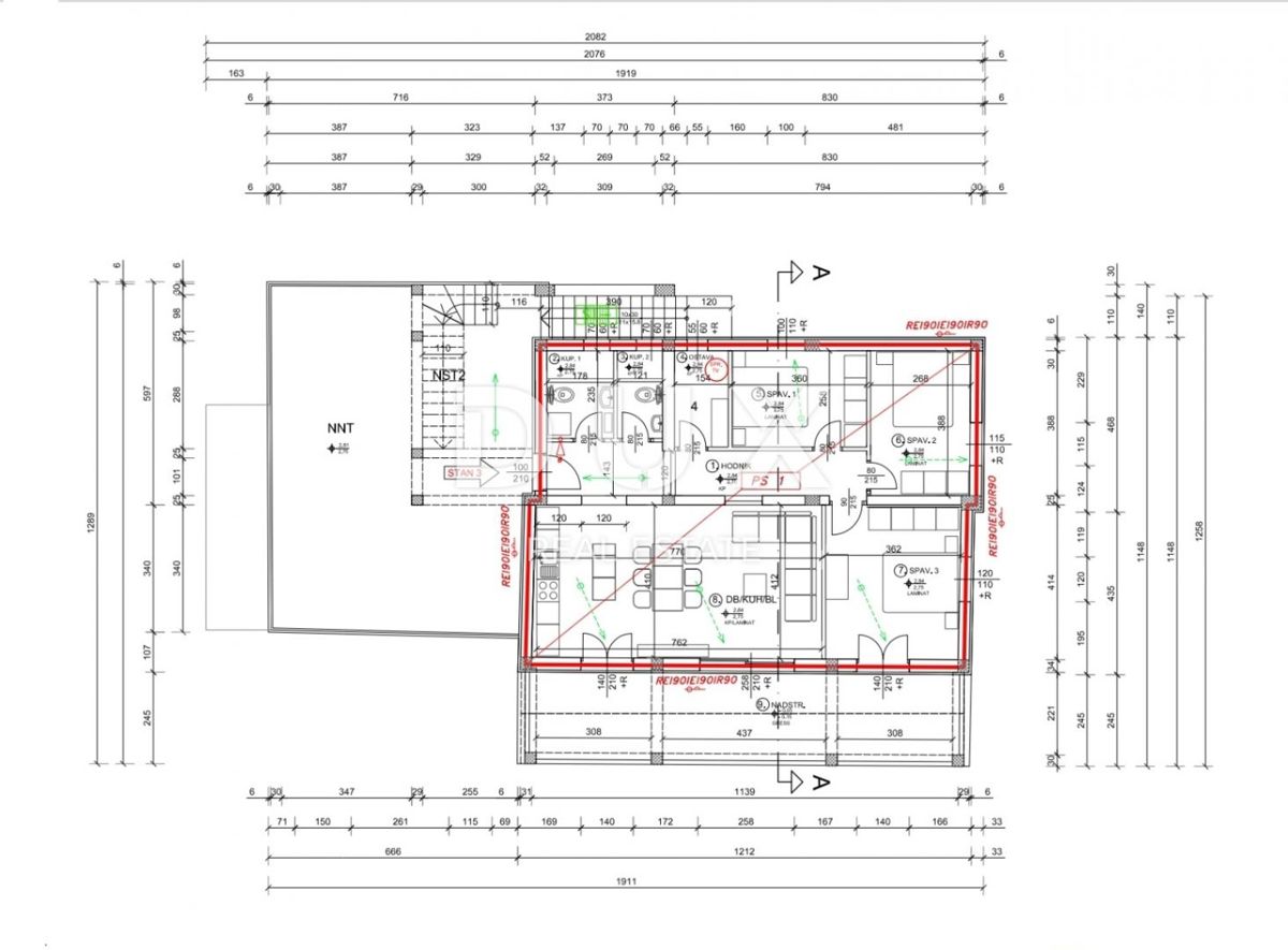 SRDOČI, ZAMET GORNJI, MARINIĆI - appartamento 77m2, soggiorno + 3 camere da letto, 1° piano, con vista mare + terrazza 77m2