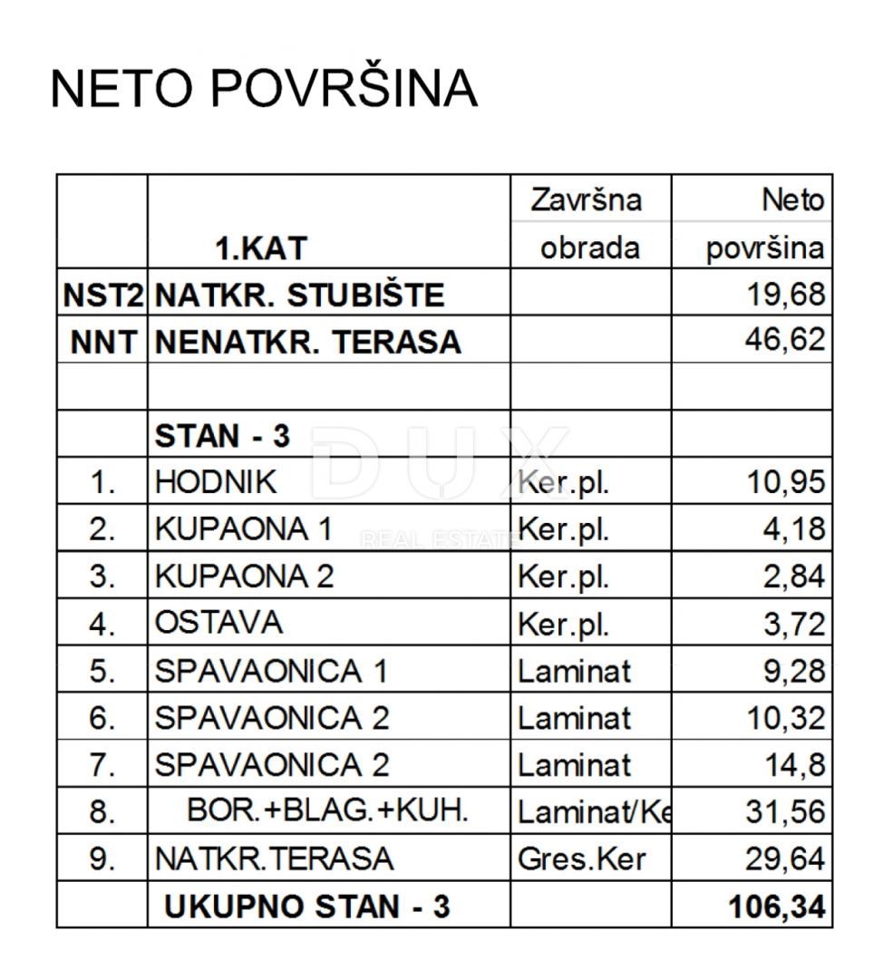 SRDOČI, ZAMET GORNJI, MARINIĆI - appartamento 77m2, soggiorno + 3 camere da letto, 1° piano, con vista mare + terrazza 77m2