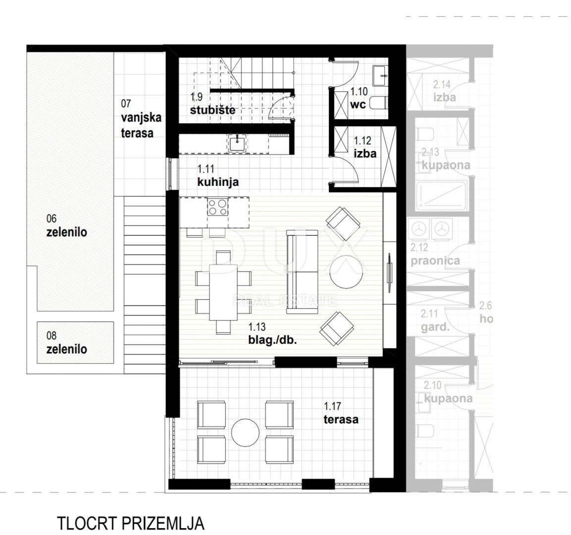RIJEKA, KOSTRENA - esclusivo appartamento a due piani 163,89 m2 nuova costruzione con splendida vista mare e piscina + giardino 176,65 m2 - S1-D